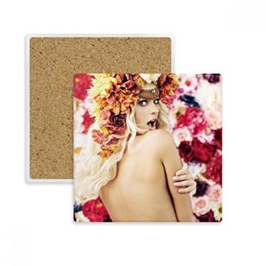 Imagem de Porta-copos quadrados com flores nuas decoradas e entusiastas, porta-copos, porta-copos com pedra isolante