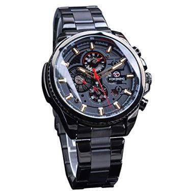 Imagem de Relógio de pulso masculino Forsining multifuncional, preto, de aço inoxidável, esportivo, militar, automático, de luxo, marca