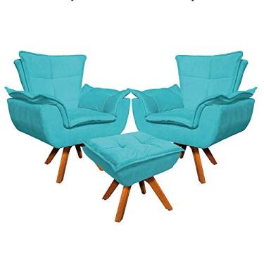 Imagem de Kit 2 Poltronas Decorativas Base Giratória Giromad com Puff Opla Suede Azul Tiffany- Ibiza