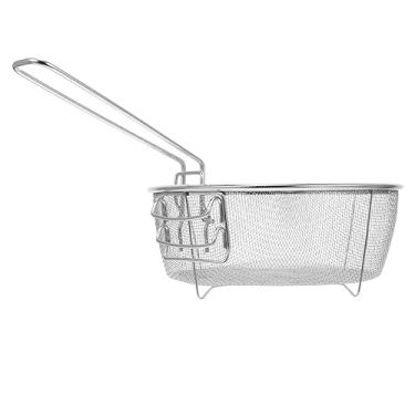 Imagem de Cesta de filtro de alimentos fritadeira fritadeira cabo francês coador de aço inoxidável cestas de arame redondo escumadeira malha suporte frito para cozinhar