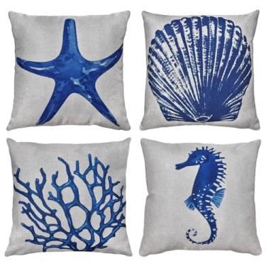 Imagem de Kit 4 Capas Almofada de Linho Estampa Mar 4 Modelos - 45x45 (Modelo 1)