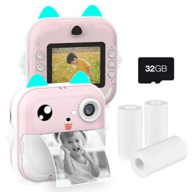 Imagem de CIADAZ Câmera portátil para crianças com impressão térmica instantânea, tela de 2,4 polegadas, câmera digital, foto, selfie, vídeo HD, impressão térmica sem tinta com cartão de memória de 32 GB, 3 rol