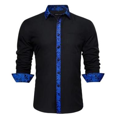 Imagem de Camisas masculinas de seda manga longa azul-petróleo sólido patch Paisley Slim blusa masculina Casaul lapela tops primavera outono, 0339, XXG
