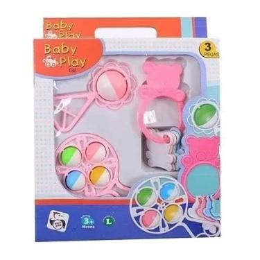 Imagem de Kit Brinquedo Chocalho Moderdor Bebê Infantil 3 Peças (Rosa)