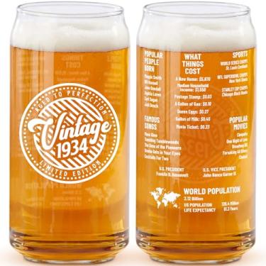 Imagem de de 90 anos para homens e mulheres - Vintage 1934 590 g Vidro de lata de cerveja dupla face (1 unidade) - Presente de vidro de lata de cerveja para um pai de 90 anos, vovô -