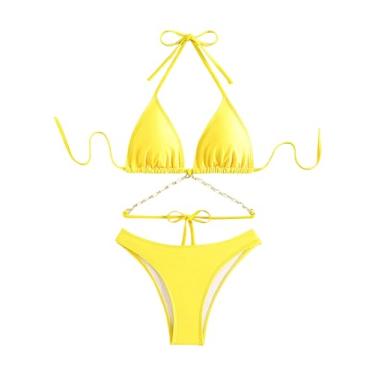 Imagem de BEAUDRM Biquíni feminino de 2 peças para decoração de concha frente única, conjunto triangular, biquíni de corte alto, Amarelo, GG