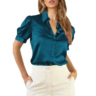 Imagem de EVALESS Blusa feminina com botões e manga curta, blusas de cetim de seda, gola V, casual, solta, trabalho, escritório, túnica, tops, Safira azul, P