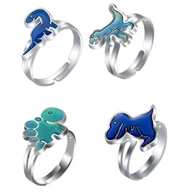 Imagem de COLORFUL BLING Conjunto de anéis de dinossauro de humor que muda de cor, sensação de temperatura, anel de dedo bonito tiranossauro tricerátopo borboleta tartaruga anel articulado ajustável para mulheres adolescentes e meninas, Metal, Ágata