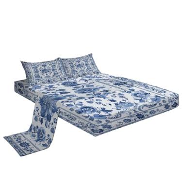 Imagem de Eojctoy Jogo de lençol 3D - Jogo de cama solteiro com estampa reativa de 4 peças de flor azul - macio, respirável, resistente ao desbotamento - Inclui 1 lençol de cima, 1 lençol com elástico, 2
