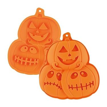 Imagem de Supreme Housewares Molde de abóbora de Halloween com 3 cavidades, conjunto de 2 moldes de silicone para bolo de abóbora e chocolate, molde de decoração de cozinha para Jack-o'-Lantern de Halloween