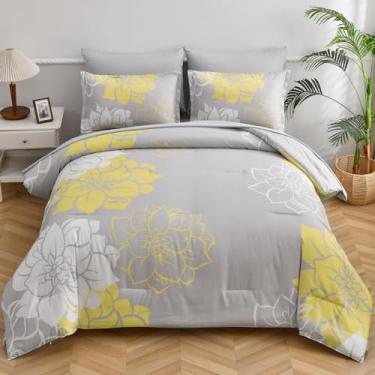 Imagem de Jogo de cama com edredom floral, tamanho queen, 7 peças, cama em um saco, amarelo e floral, conjunto de cama reversível de microfibra macia (1 edredom, 2 fronhas, 1 lençol de cima, 1 lençol com