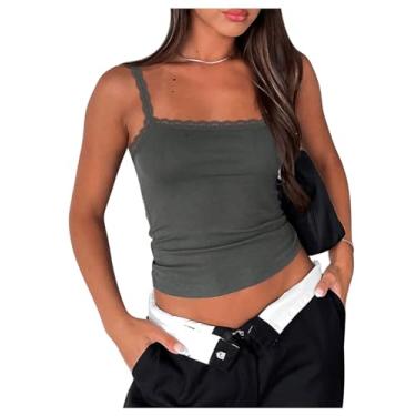 Imagem de RoseSeek Camiseta feminina Y2K com acabamento em renda e alças finas, caimento justo, roupas para sair, Cinza escuro, M