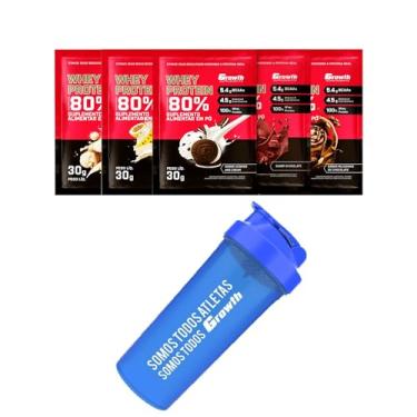 Imagem de Combo - Whey Protein Concentrado 30g em Sachê (5un - Chocolate, Cookies and Cream, Beijinho, Milkshake de Chocolate e Mousse de Maracujá) + Coqueteleira 600ml Azul - Growth