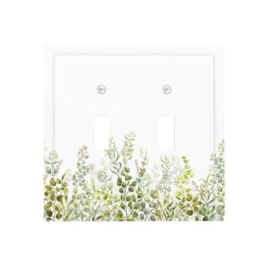 Imagem de Eucalipto verde aquarela floral 2 grupos interruptor duplo interruptor de luz capa decorativa folhas plantas ramo botânica placa de parede placa elétrica branco banheiro casa quarto