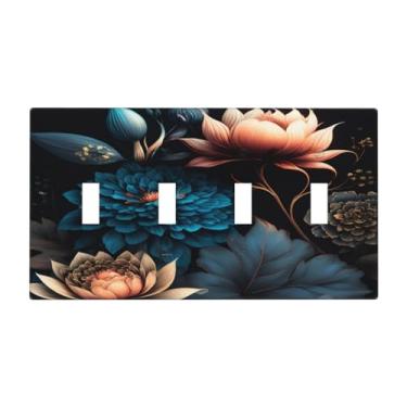Imagem de Yamxbfa Flores rosa douradas folhas azuis plantas flroal fundo preto 4 capas de interruptor de luz decorativa quadriciclo interruptor placa de parede 4 furos dispositivo elétrico placa de interruptor