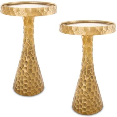 Imagem de Mesa lateral pequena redonda dourada da Objet D'Art, mesa de destaque, mesa lateral com pedestal redondo para sala de estar, mesa lateral pequena para espaços pequenos, mesa de bebida, decoração