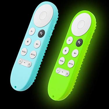 Imagem de Capa de reposição para controle remoto Glow para Google Chromecast TV versão 2020 Voice Remote, pacote com 2 capas protetoras de silicone com cordão (verde menta e verde brilhante)