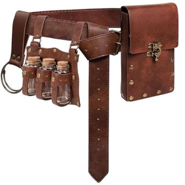 Imagem de Bolsa de cintura retrô para celular, pochete steampunk, medieval, renascentista, acessório de fantasia de Halloween, 3 garrafas - marrom, Large, Cinto