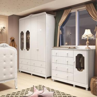 Imagem de Quarto de Bebê com Guarda Roupa e Cômoda 100 MDF Elô New Noah Móveis Peroba - Branco Brilho