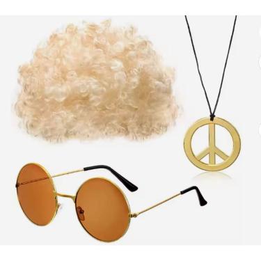 Imagem de Peruca Hippie Afro Retrô colar e óculos festa anos 50 60 70
