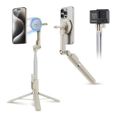 Imagem de KIWIFOTOS Mini tripé magnético para bastão de selfie MagSafe para iPhone 17 16 15 14 Pro Max com controle remoto sem fio para viagem vlogging vídeo celular tripé para Samsung Pixel