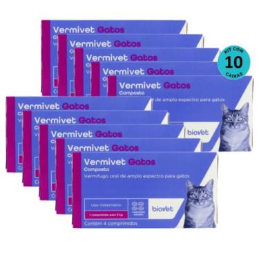 Imagem de Vermífugo para Gatos Vermivet 300mg C/ 4 Comprimidos - Kit c/ 10 caixa