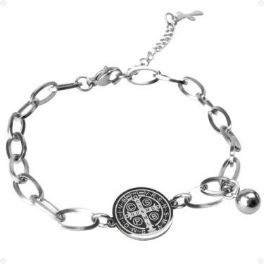 Imagem de Pingente São Bento + Pulseira Masculina Aço Inoxidável Prata casual me
