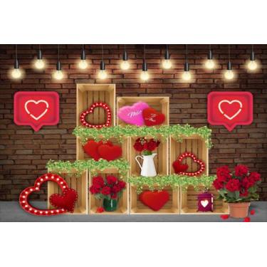 Imagem de Painel de Lona Dia das Mães Tijolinhos Luzes Corações e Flores - 100x0