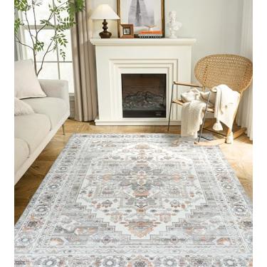 Imagem de DriftAway Tapetes de área laváveis à máquina para sala de estar, antiderrapante, dobrável, boêmio, floral, medalhão para quarto, vintage, decoração de interiores, tijolo cinza natural, 1,88 x 18 m