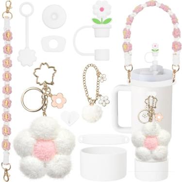 Imagem de XIANGYUAN Conjunto de acessórios Stanley Cup incluindo alça de alça de garrafa de água, capa de canudo de silicone, pingentes Stanley para copo Stanley de 850 g ou copo de 1,134 g (branco)