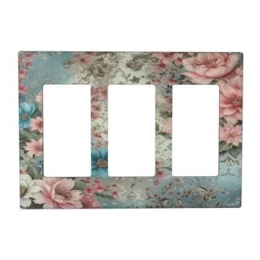 Imagem de LOLREAI Capas decorativas para tomada rústica rosa boho azul floral flor 3 gangues capa de placa de parede triplamente rocker decora interruptores de luz placa jumbo elétrica GFCI capa de placa de
