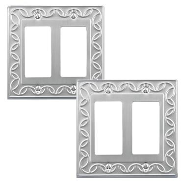 Imagem de OKAWYC Capa decorativa dupla para interruptor de luz NovaBloom, placa de parede de metal, 2 unidades, níquel escovado, 2 gangs, balancim duplo, para tomada GFCI, placa decorativa para tampa do