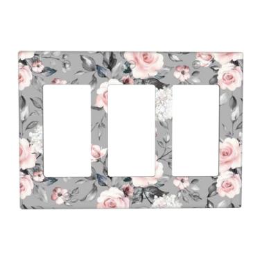 Imagem de LWDZLHD Tea Rose Gray Flower Pink Floral Light Switch Cover Plates Decorativo 3 Gang Triple Rocker Placa de Parede Elétrica Switchpalte para Banheiro Cozinha Quarto 16,3 cm x 11,4 cm
