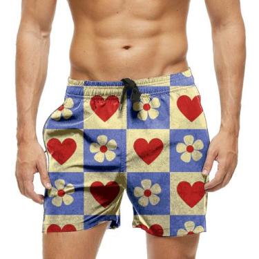 Imagem de Short Praia Shorts Banho Bermuda Verão Xadrez Coração Flor Cartoon 106