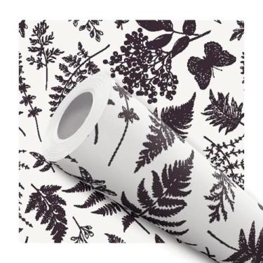 Imagem de Papel de Parede Adesivo Lineart Folhagens Folhas Borboleta Moderno Qua