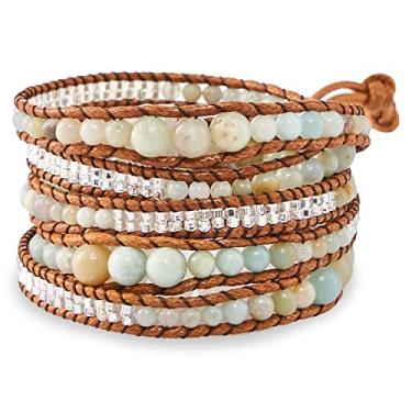 Imagem de G2F DESIGN Pulseira para mulheres – Pulseira feita à mão vegana Boho em camadas de pedra natural, pulseiras de contas empilháveis da Tailândia, pulseiras hippie de verão, joias modernas para meninas adolescentes, Amazonita, cristais, contas, metais, cordão de cera genuíno, Cristal