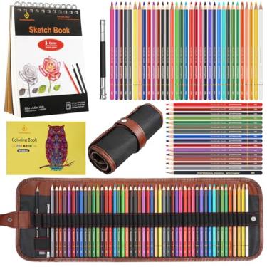 Imagem de Heshengping Conjunto de 48 lápis de cor para livros de colorir com caderno de desenho de 3 cores, kit de desenho, materiais de arte com capa de lona enrolável para adultos, iniciantes e adolescentes