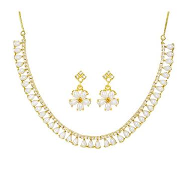 Imagem de Jewar Conjunto de colar indiano AD CZ elegante banhado a ouro gargantilha de cristais brilhantes com brincos joias para mulheres e meninas, Banhado a ouro, Zircônia cúbica