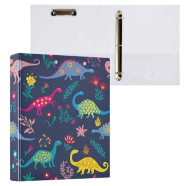 Imagem de Fichários de 3 cm com três anéis de dinossauros coloridos para animais com bolsos, fichário de 3 furos para escritório escolar, pacote com 2