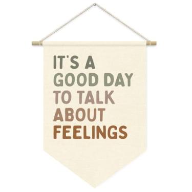 Imagem de ETVISO Decoração de escritório de terapia, artigos essenciais para consultoria escolar, presentes de saúde mental, É um bom dia para falar sobre sentimentos, bandeira de flâmula pendurada na parede de