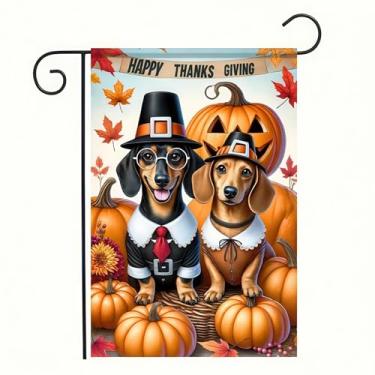 Imagem de Welcome Thanksgiving Dachshund Garden Flag, Autumn Harvest Pet Yard Outside Home Decoration Dog Lover Gifts, Farmhouse Polyester Outdoor Small Decor Dupla Face 12 x 18 polegadas