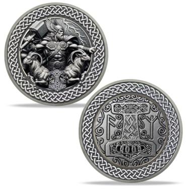 Imagem de Thor Norse Challenge Coin - Deus Viking Thor com Mjölnir e Runas - Presentes nórdicos para força, proteção e poder na mitologia nórdica