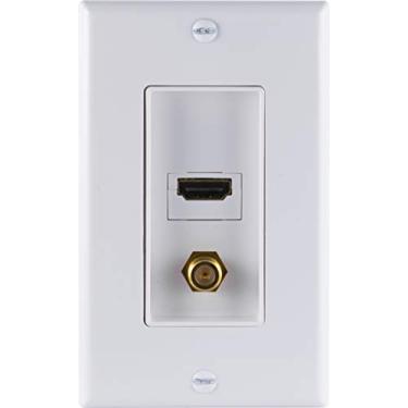 Imagem de GE Porta de parede coaxial 1 conector tipo F, branco, suporta Full HD 1080p 4K, conexão banhada a ouro, entrada única, ferragens de instalação incluídas, 35292, HDMI + placa de parede coaxial