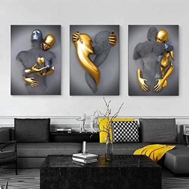 Imagem de Decoração de arte de parede em tela de quarto, preto e dourado romântico beijo abraço c...