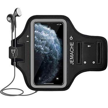 Imagem de Braçadeira para iPhone 17 16 15 Pro Max com suporte para fone de ouvido, JEMACHE Gym Running Workouts Arm Band para iPhone Air, 17 16 15 14 13 12 Pro Max/Plus (preto)