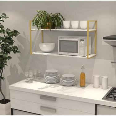 Imagem de Prateleira Industrial Parede ou Suspensa Dourada Aço e Madeira 50x40x90cm (Laca Branca)