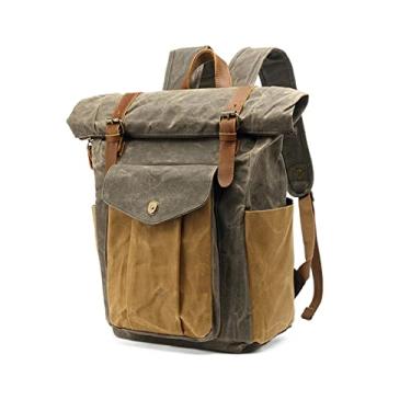 Imagem de Mochila de couro de lona vintage para homens mochila escolar de grande capacidade mochila de viagem para laptops masculinos(Army Green)