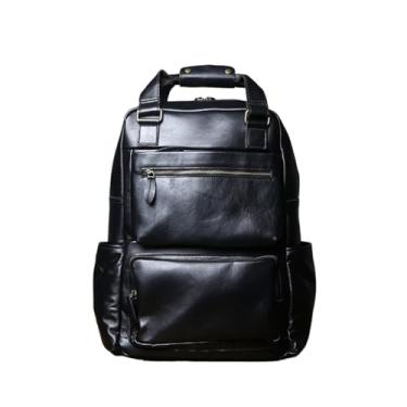 Imagem de Mochila masculina de couro retrô, mochila de computador de grande capacidade para homens, bolsa de viagem de couro(Black)