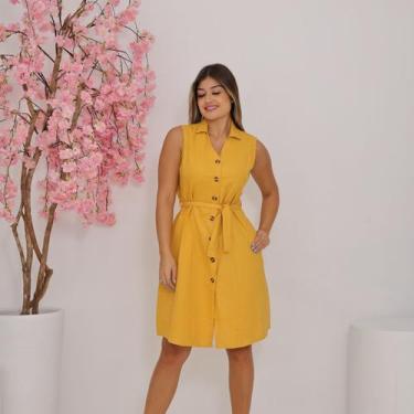 Imagem de Vestido Feminino Manga Regata com Botões Frontais e Cinto Faixa Comfor
