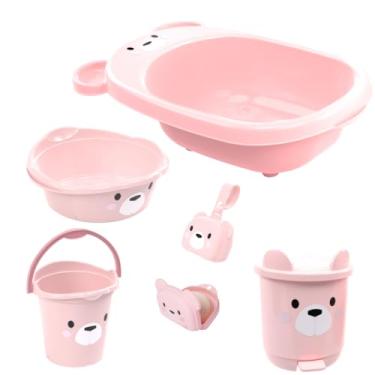 Imagem de KIT BANHEIRA DE BEBÊ DECORADA LUDICA PLASUTIL BACIA LIXEIRA BALDE SABONETEIRA PORTA CHUPETA (Rosa)